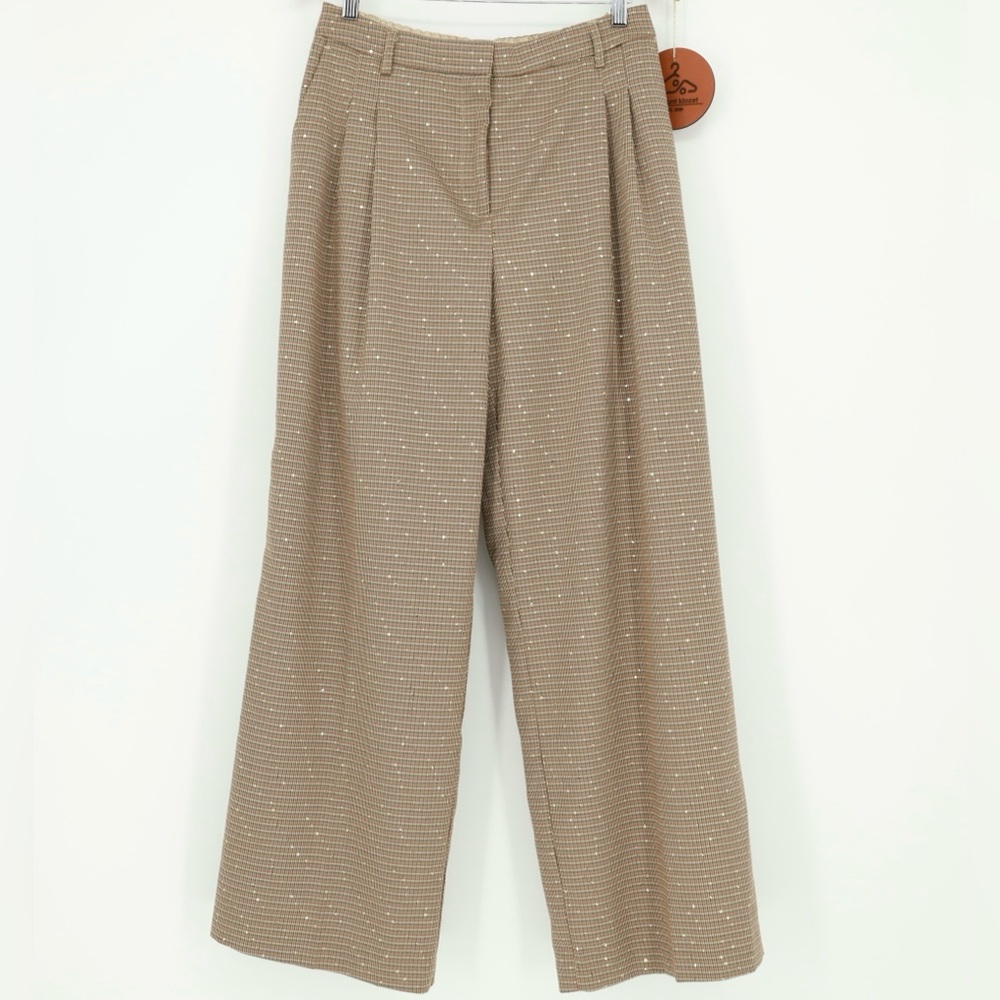House Of Harlow 1969 Women Houndstooth‎ Brown Sequins Wide Leg Pleated Pants
